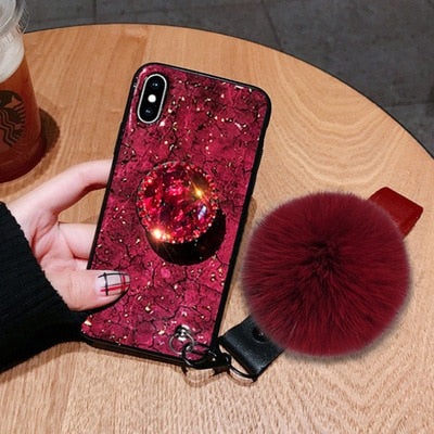 Luxury Diamond Pattern  Hair Ball Lanyard Case